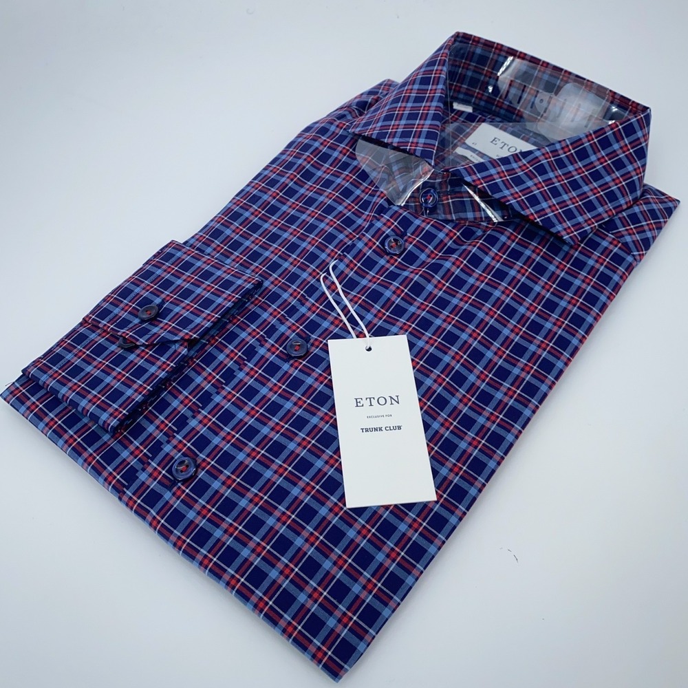Eton‎ Dress Shirt Mens XL 17 - 43 Blue Red Plaid Formal Slim Fit York Button Up